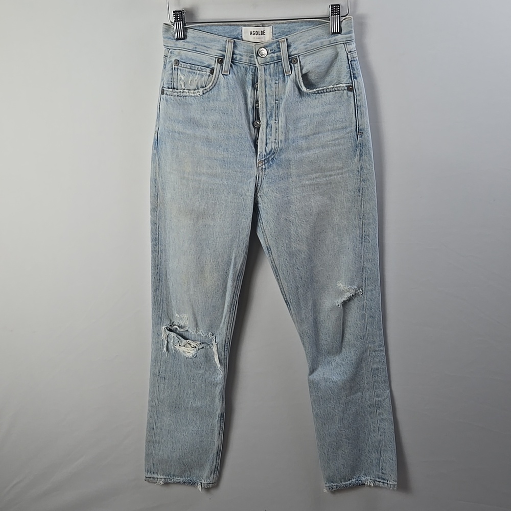 Agolde Riley Light Wash Denim Distressed High Rise Straight Cropped Jeans‎ Sz 23